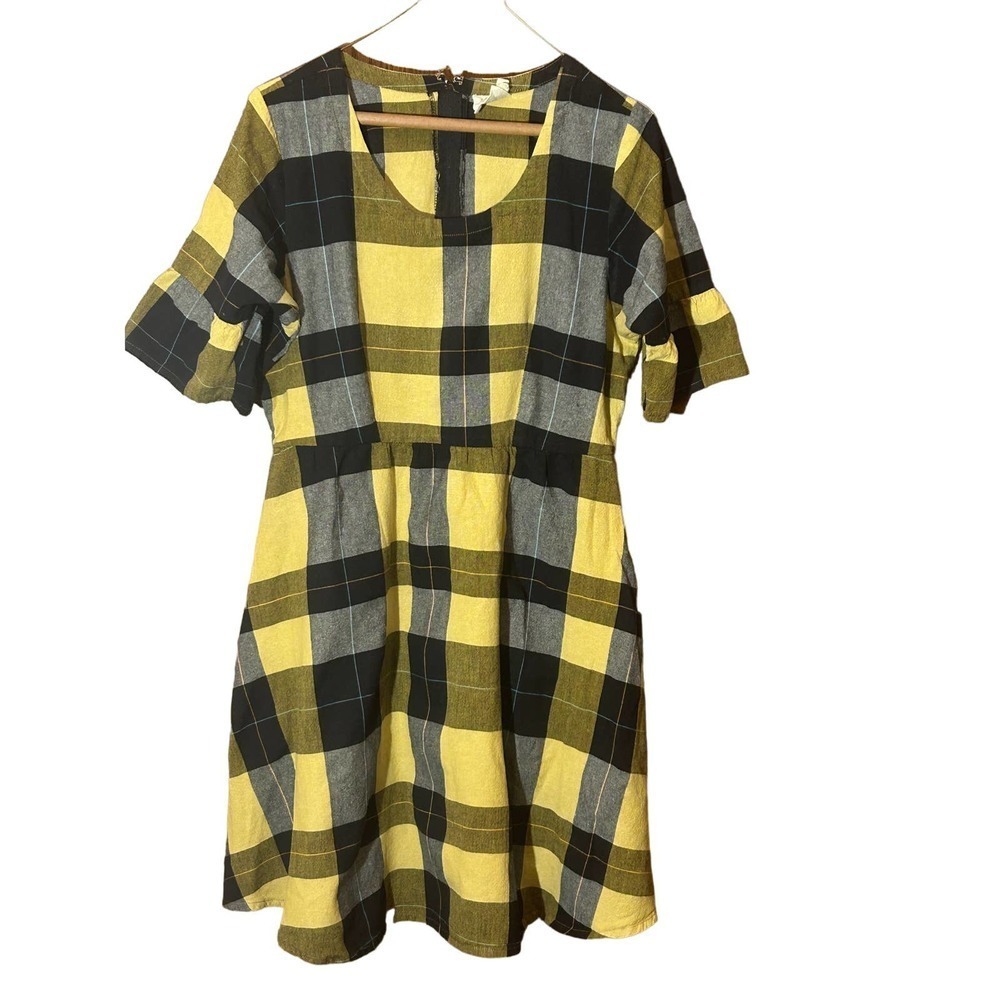 Mata Traders yellow plaid 100% cotton fit and flare dress